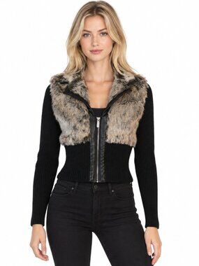GUESS Women’s Faux-Fur Cropped Knit Zip Jacket Black Size M 8/10